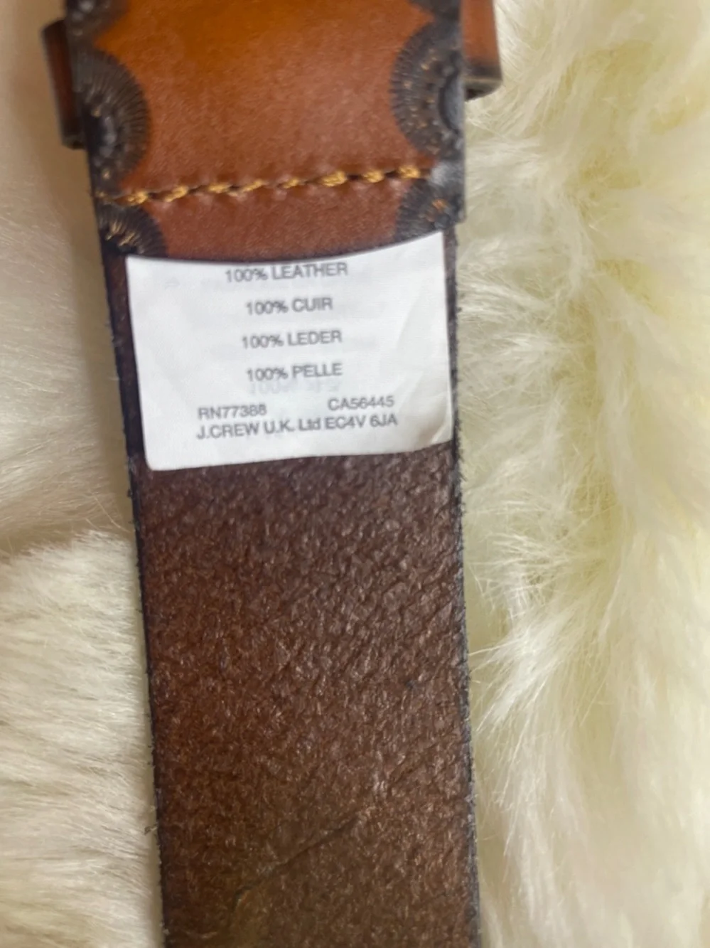 J. Crew Tan Brown Leather Belt with‎ Scalloped Black Edge and Brass Buckle - Picture 2 of 4